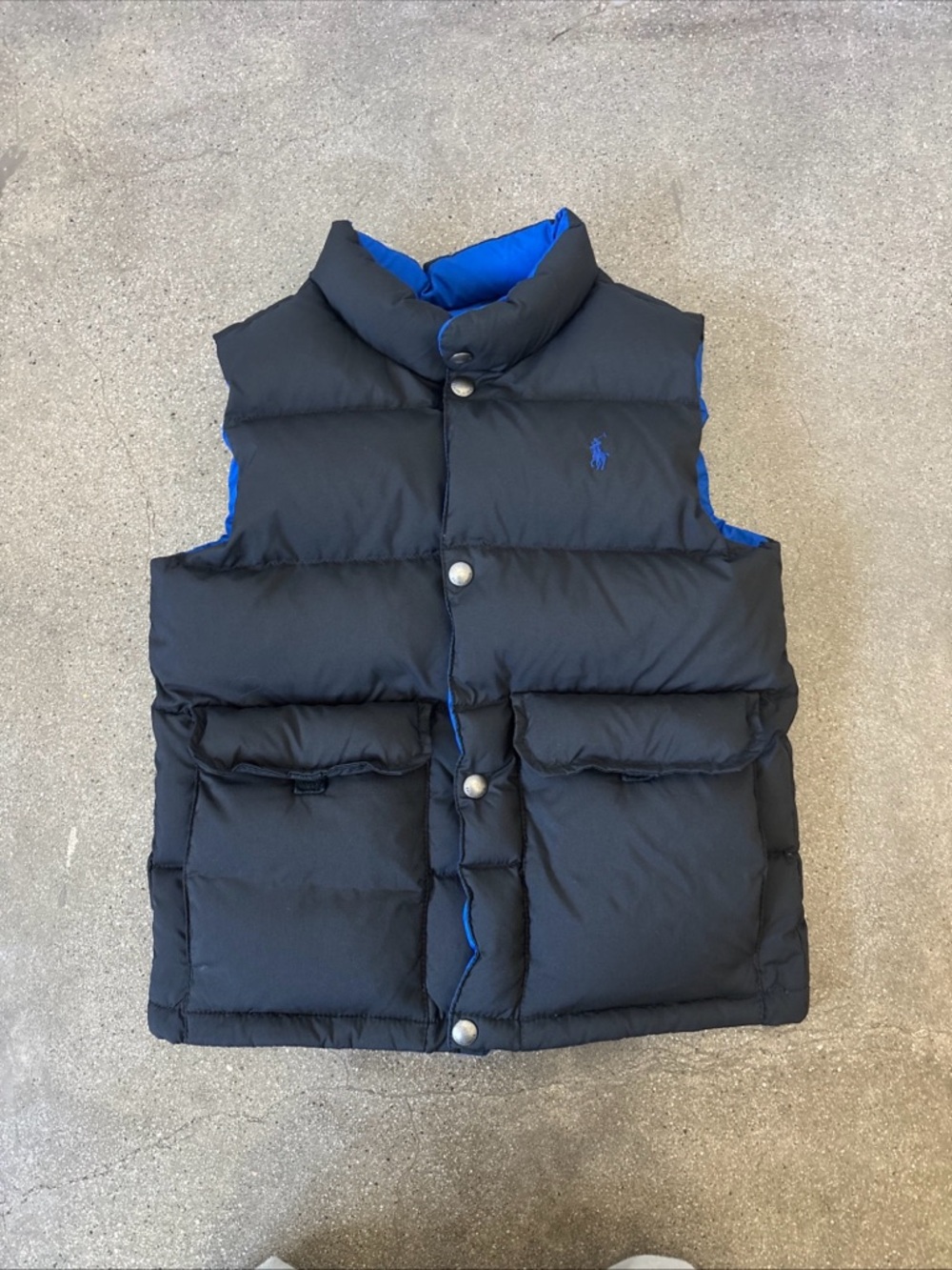 Polo by Ralph Lauren Black or blue reversible, down puffer vest boys size 7